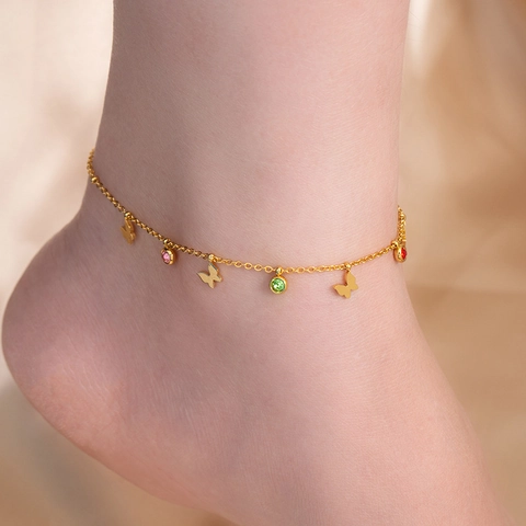 Titanium Staal Enkelbandje Vrouwen Verguld Gekleurde Zirkoon Vlinder Ster Maan Kruis Boze Oog Hand Libelle Elegante Sieraden