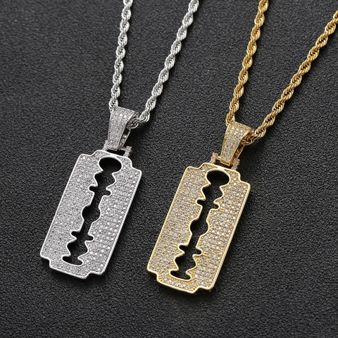 Collana con Ciondolo a Lama di Rasoio Hip Hop in Rame Micro Intarsio Zirconia Placcato Oro Argento Catena a Corda Uomo