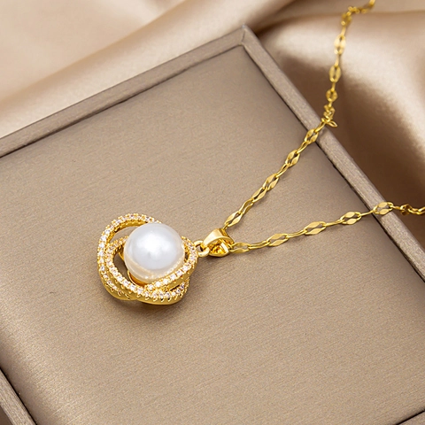 Collana con Ciondolo in Acciaio al Titanio Perla Artificiale Strass per Donna Catena di Clavicola Dorata Gioielli Regalo