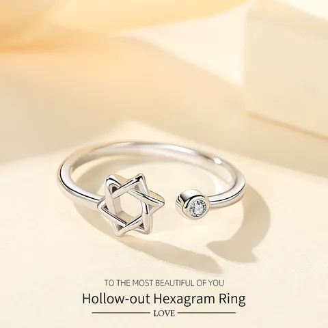 S925 Sterling Silver Hexagram Star Open Ring For Women Minimalist Zircon Adjustable Finger Ring Fashion Jewelry Gift