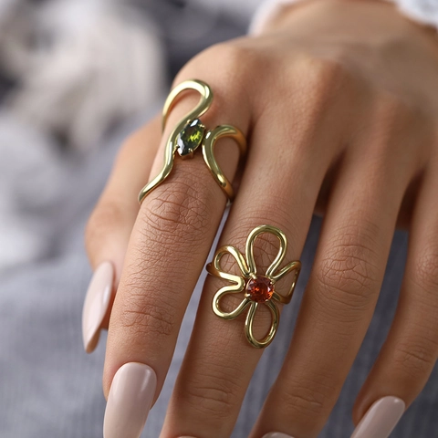 Moderne Ins Stijl Roestvrij Staal Zirkoon Bloem Open Ring 18K Verguld Hol Geometrische Vinger Sieraden Voor Vrouwen