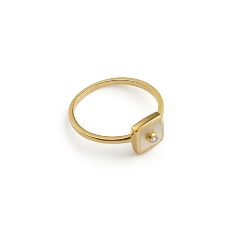Anillo Cuadrado de Plata de Ley 925 para Mujer Bañado en Oro de 14K Incrustado con Madreperla y Zirconia Joyería Geométrica