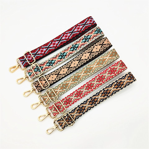 Adjustable Ethnic Embroidered Bag Strap Replacement Wide Floral Jacquard Polyester Shoulder Crossbody Belt With Metal Buckles