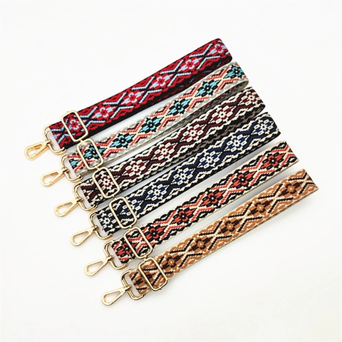 Adjustable Ethnic Embroidered Bag Strap Replacement Wide Floral Jacquard Polyester Shoulder Crossbody Belt With Metal Buckles
