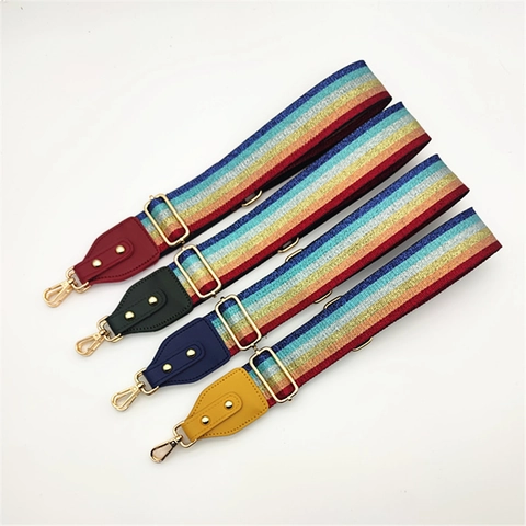 Adjustable Rainbow Striped Wide Shoulder Strap For Bags Polyester Woven Replacement Crossbody Purse Strap With PU Leather Ends Gold Metal Hooks