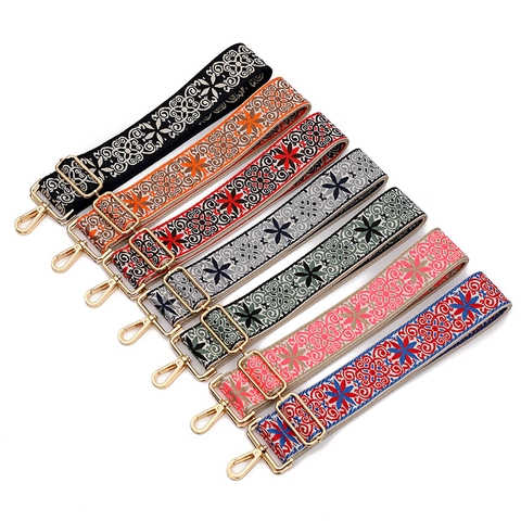 Adjustable Ethnic Floral Embroidered Bag Strap Replacement Polyester Shoulder Belt With Alloy Hook For Women Handbags
