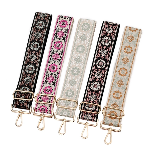 Ethnic Floral Jacquard Adjustable Bag Strap Polyester Crossbody Shoulder Strap Replacement Accessory With Metal Buckle