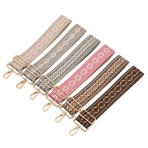 Bohemian Ethnic Style Adjustable Wide Shoulder Bag Strap Polyester Woven Replacement Belt For Handbags Gold Metal Clasp