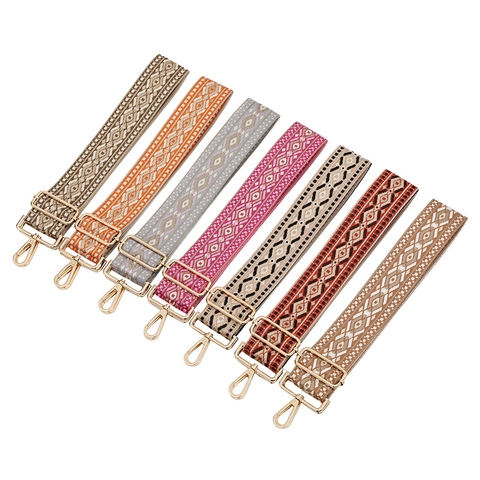 Bohemian Ethnic Style Adjustable Wide Shoulder Bag Strap Polyester Woven Replacement Belt For Handbags Gold Metal Clasp
