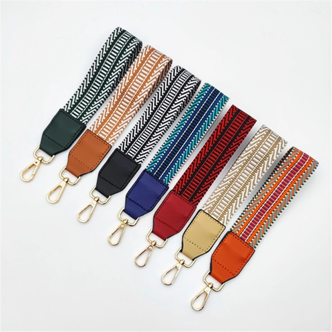 Ethnic Geometric Woven Bag Strap Polyester PU Leather Short Handle Strap Replacement With Metal Lobster Clasp For Handbags