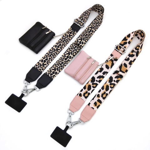 Correa Ajustable para Bolso Estampado de Leopardo Cinturón de Tejido Étnico Con Bolsa con Cremallera Desmontable y Parche para Teléfono
