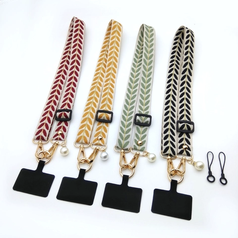 Embroidered Leaf Polyester Phone Lanyard Shoulder Strap With Artificial Pearl Pendant Adjustable Metal Buckle Women