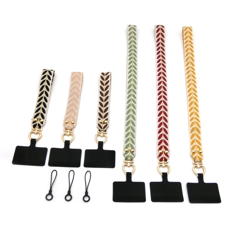 Embroidered Leaf Polyester Phone Lanyard Set Universal Neck Strap Wrist Strap With Heart Metal Clasp For Women Phone Decoration