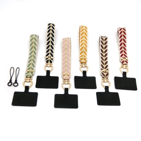 Embroidered Leaf Pattern Polyester Phone Wrist Lanyard With Heart Metal Clasp Portable Anti-Lost Hand Strap For Women
