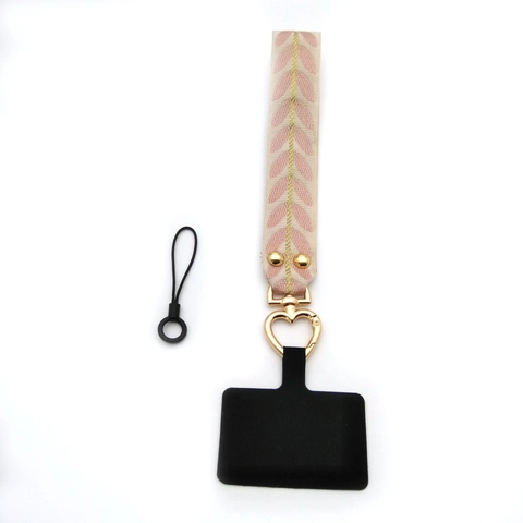 Embroidered Leaf Pattern Polyester Phone Wrist Lanyard With Heart Metal Clasp Portable Anti-Lost Hand Strap For Women