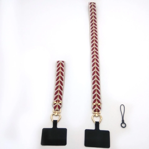 Embroidered Leaf Polyester Phone Lanyard Set Universal Neck Strap Wrist Strap With Heart Metal Clasp For Women Phone Decoration
