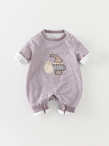 Barboteuse à Manches Longues pour Bébé Garçon Broderie Ours Champignon Polyester Body Combinaison Printemps Automne
