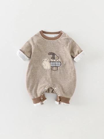 Barboteuse à Manches Longues pour Bébé Garçon Broderie Ours Champignon Polyester Body Combinaison Printemps Automne