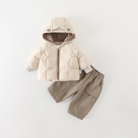 Toddler Baby Boy Winter Thickened Outfits Hooded Quilted Jacket Striped Long Sleeve Undershirt And Cargo Pants Cute Ear Warm