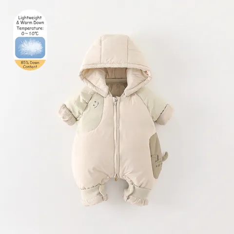 Barboteuse d'Hiver pour Nourrisson en Duvet de Canard Blanc Combinaison à Capuche Dessin Animé pour Bébés Garçons Beige Chaud