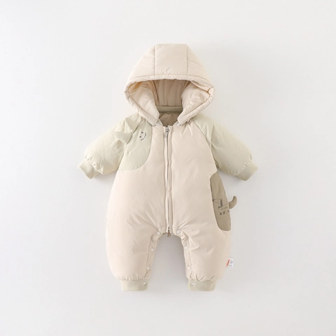Barboteuse d'Hiver pour Nourrisson en Duvet de Canard Blanc Combinaison à Capuche Dessin Animé pour Bébés Garçons Beige Chaud
