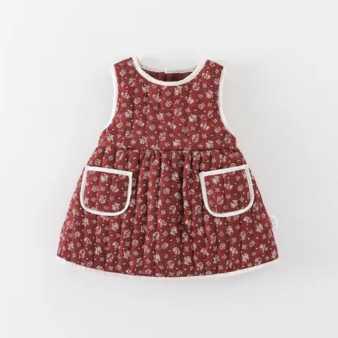Robe Rembourrée Florale Piquée pour Bébés Filles Robe de Princesse Sans Manches Chaude d'Hiver pour Nourrissons