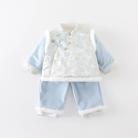 Completo Invernale Vintage Cinese per Neonata Top E Pantaloni Imbottiti Stampa Floreale Con Bordo in Pelliccia Sintetica