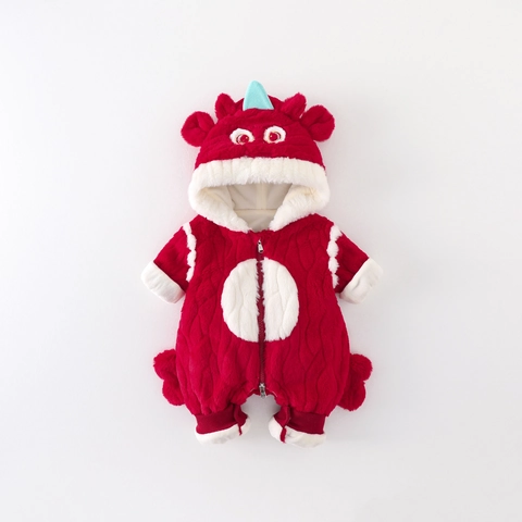Baby Jongens Cartoon Draak Romper met Capuchon Verdikte Fleece Winter Jumpsuit Rood Polyester Warme Bodysuit Voor Baby Nieuwjaar