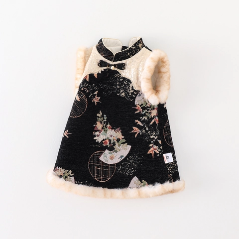 Baby Mädchen Chinesischer Stil Winter Verdicktes Wattiertes Cheongsam Kleid Kunstfellbesatz Stickerei Ethno Retro Weste Kleid Outfit