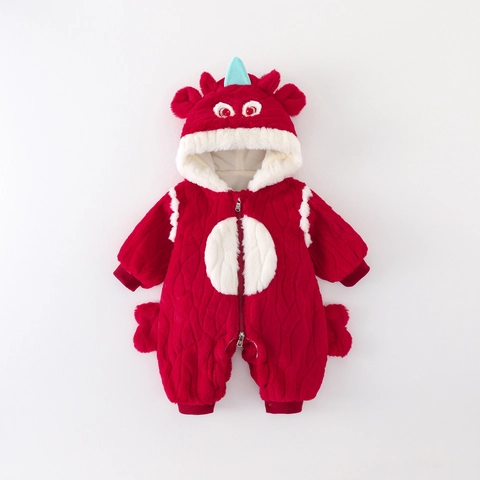 Baby Jongens Cartoon Draak Romper met Capuchon Verdikte Fleece Winter Jumpsuit Rood Polyester Warme Bodysuit Voor Baby Nieuwjaar