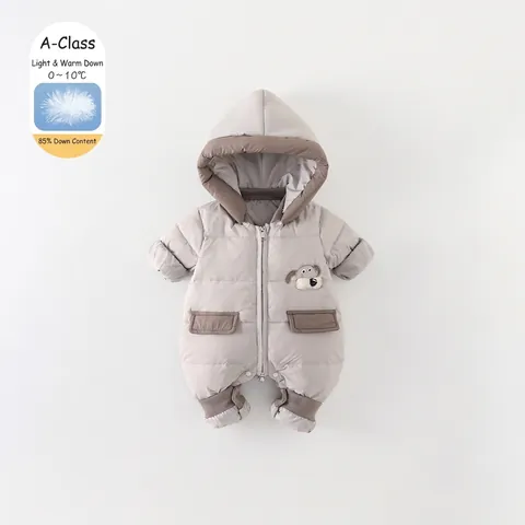 Baby Junge Winter Daunen Jumpsuit Mit Kapuze Verdickt Warm Weiße Entendaunen Strampler Outdoor Schneeanzug Cartoon Hund