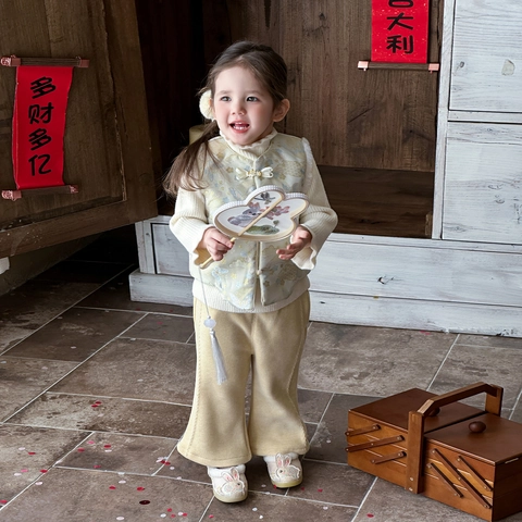 Baby Girls Chinese Style New Year Clothes Set Thickened Warm Floral Printed Majia Vest And Pants Winter Festive Outfit
