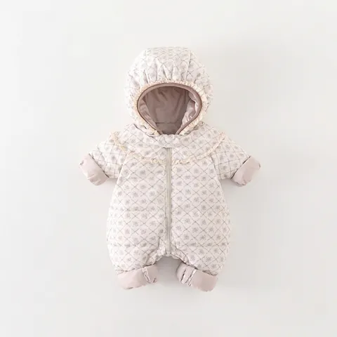 Mameluco de Plumón con Capucha de Invierno para Bebé Niña Traje de Nieve Acolchado Floral Mono Cálido para Exterior