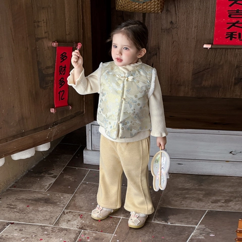 Baby Girls Chinese Style New Year Clothes Set Thickened Warm Floral Printed Majia Vest And Pants Winter Festive Outfit