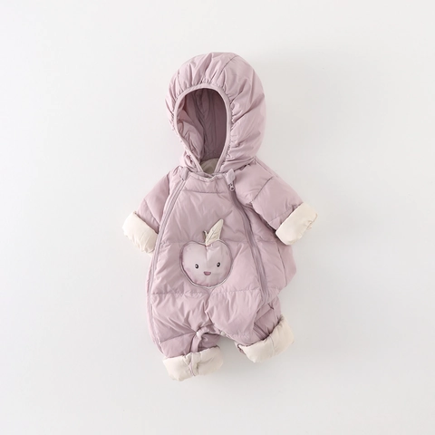 Combinaison en Duvet d'Hiver pour Bébé Fille à Capuche Garnissage en Duvet de Canard Blanc Barboteuse Chaude Pomme Cartoon