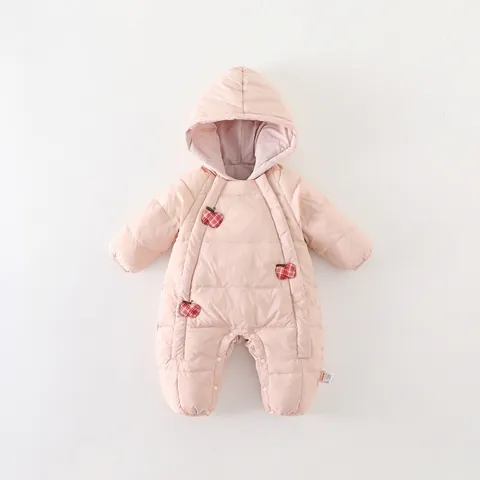 Baby Meisjes Winter Dons Kruippakje Met Capuchon Witte Eendendons Jumpsuit Appel Patch Gequilt Sneeuwpak Warme Babyjas