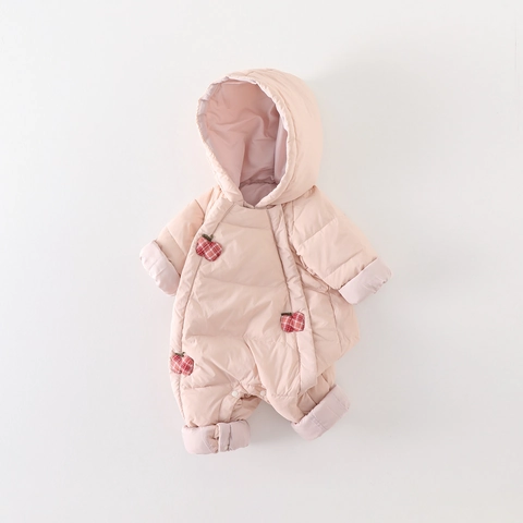 Baby Meisjes Winter Dons Kruippakje Met Capuchon Witte Eendendons Jumpsuit Appel Patch Gequilt Sneeuwpak Warme Babyjas