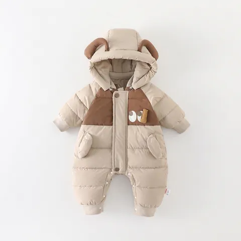 Combinaison en Duvet d'Hiver pour Bébé Épaissie Matelassée Avec Capuche Oreilles Duvet de Canard Blanc Polyester Chaud