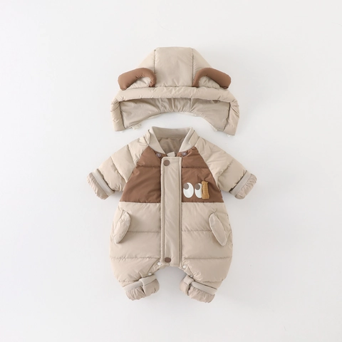 Combinaison en Duvet d'Hiver pour Bébé Épaissie Matelassée Avec Capuche Oreilles Duvet de Canard Blanc Polyester Chaud