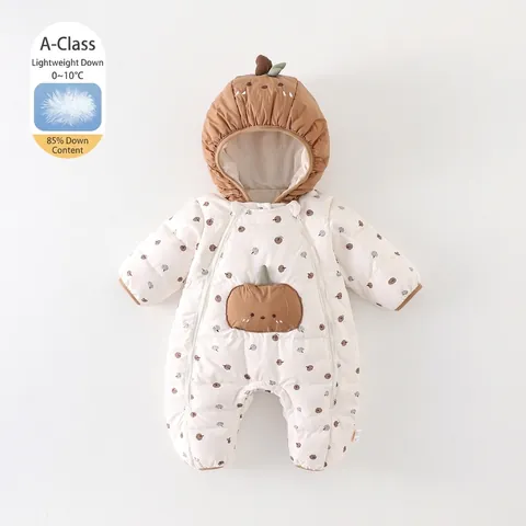 Barboteuse d'Hiver en Duvet pour Bébé Thème Citrouille Capuche Combinaison Matelassée Chaude Snowsuit Double Fermeture Éclair pour Garçons