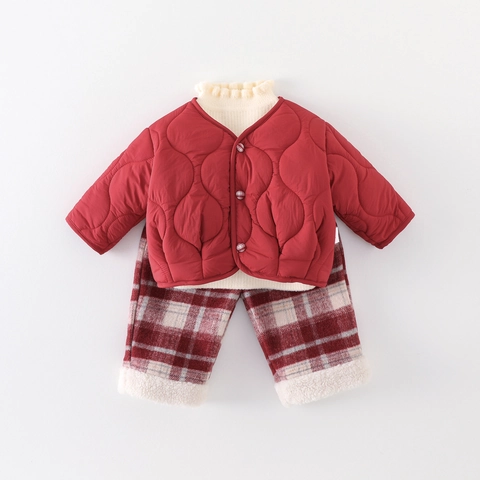 Ensemble Hiver Bébé Fille Veste Matelassée Pantalon Plaid Pull Blanc Tenue Festive Nouvel An Vêtements Chauds Épaissis