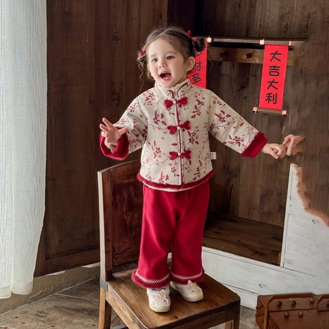 Baby Girls Traditional Chinese New Year Clothing Set Thickened Warm Padded Floral Jacket Red Pants Winter Festive Outfits