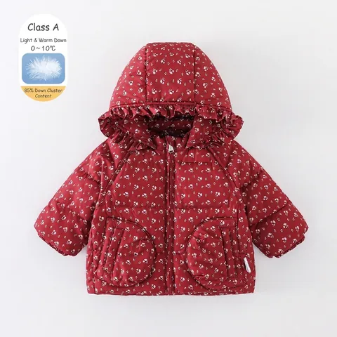 Piumino d'Anatra Bianco Invernale per Neonata Giacca con Cappuccio Stampa Floreale Cappotto Caldo con Volant per Bambini