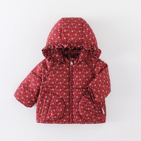 Piumino d'Anatra Bianco Invernale per Neonata Giacca con Cappuccio Stampa Floreale Cappotto Caldo con Volant per Bambini