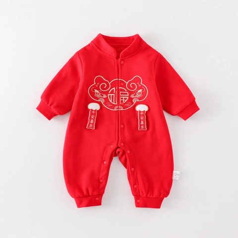 Baby Strampler Im Chinesischen Stil Rot Langarm Festlicher Neujahrs-Body Für Neugeborene Geburtstagsgeschenk Warmes Polyester-Outfit