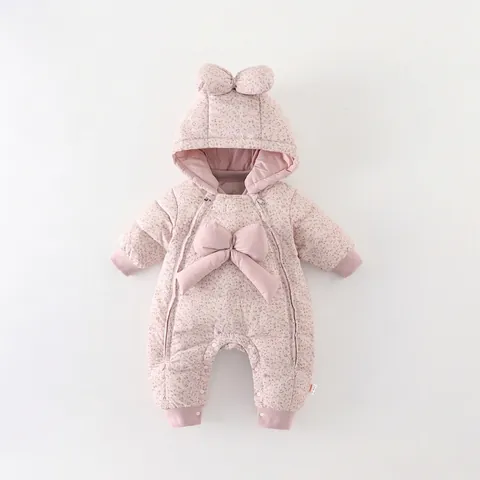 Mameluco de Invierno con Estampado Floral para Bebé Niña con Capucha y Lazo Plumón de Pato Blanco Cálido Traje de Nieve para Bebés