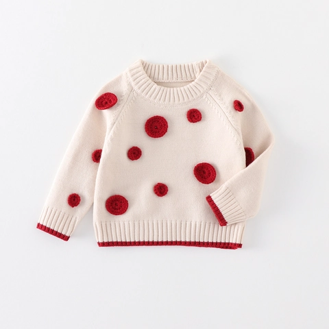 Baby Meisjes Verdikte Gebreide Trui Winter Warm Gebroken Wit Pullover Met Rode 3D Gehaakte Stippen Ronde Hals Top