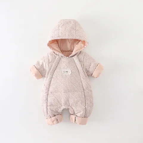 Tuta Invernale da Neonato Bimba con Cappuccio e Fiori Piumino Imbottito Caldo Pagliaccetto Esterno con Piumino d'Anatra Bianca