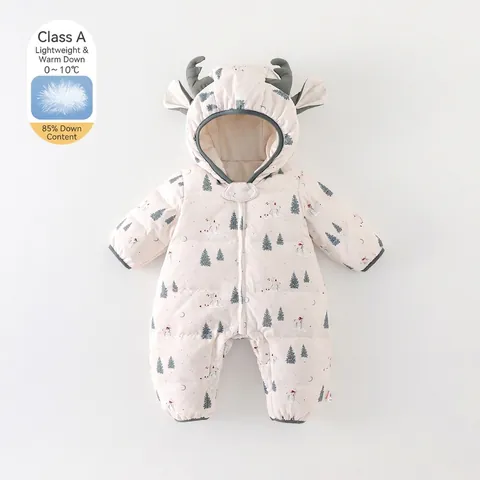 Tutina Invernale in Piuma per Neonati Ispessita Calda Tuta da Neve Con Cappuccio Decorazione Corna Cervo per Bambino Bambina