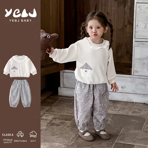 Toddler Girls Casual Two Piece Set Cotton Long Sleeve Top With Lace Collar And House Patchwork Floral Pants Outfits